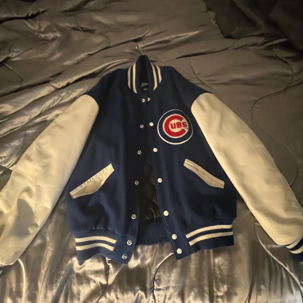 It’s a letterman leather jacket World Series championship Chicago Cubs 2016
